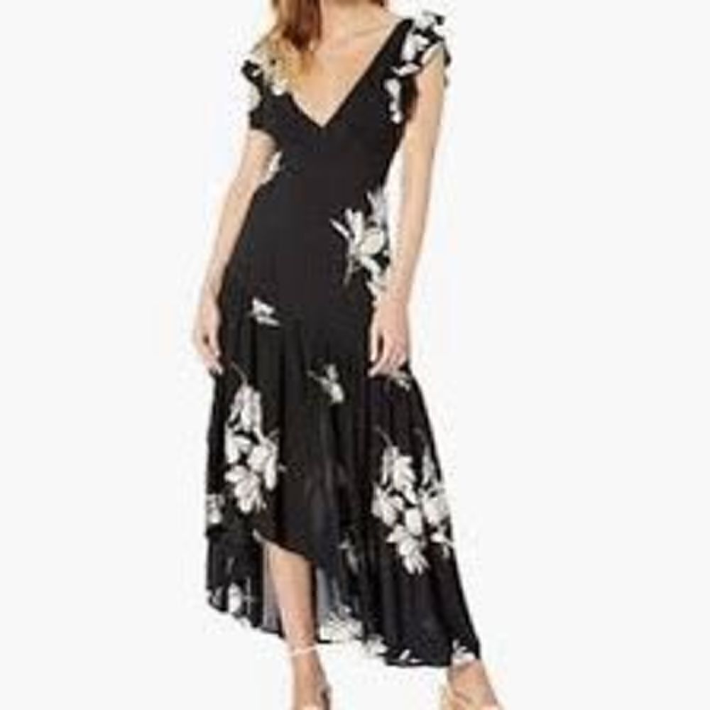 Free People Women's V-Neck Floral Ruffled Trim High Low Dress Black Size 2